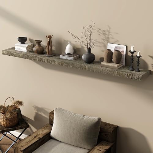 Acovy 72" Unfinished Solid Reclaimed Wood Floating Shelves, Rustic Heavy-Duty Wall Shelves, 8" Deep Floating Shelf for Living Room, Bathroom, Bedroom and Kitchen, Set of 1, Grey - color: Cement Grey, size: 72inches-1P