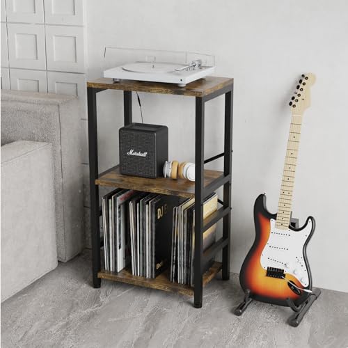 YAKANJ End Table with LED Light,Record Player Stand with Albums Storage,Vinyl Records Storage,Turntable Stand Side Table for Music Room Studio Living Room Bedroom-Retro - color: Retro