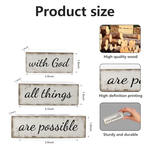 3 Pcs Farmhouse Christian Table Decoration Religious Tiered Tray Decor Rustic Bible Verse Tabletop Centerpiece with God All Things Are Possible Wooden Block Sign for Home Desk Shelf Mantle - color: God