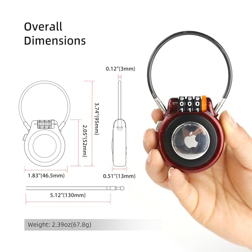 Luggage Lock AirTag Holder with 3 Digit Combination and Steel Cable, Metal Tracker Tag Case Compatible with Apple AirTag, for Suitcase Backpack Stroller Travel Gear Car Vehicles Tracking - color: Retro Red