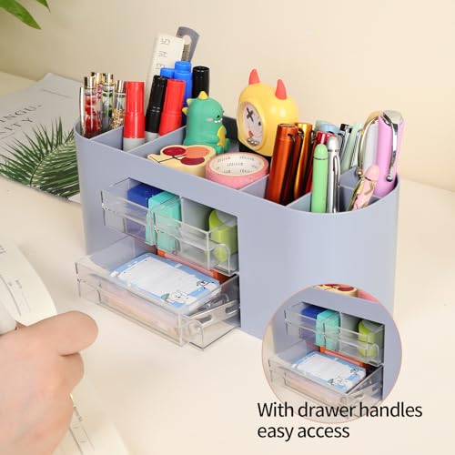 INSTOME Pencil Pen Holder for Desk with 3 Drawers - All-In-One Desk Organizer - Perfect Desk Accessories for Office Use - Stylish & Convenient Desk Organizers and Accessories (Blue) - color: Blue