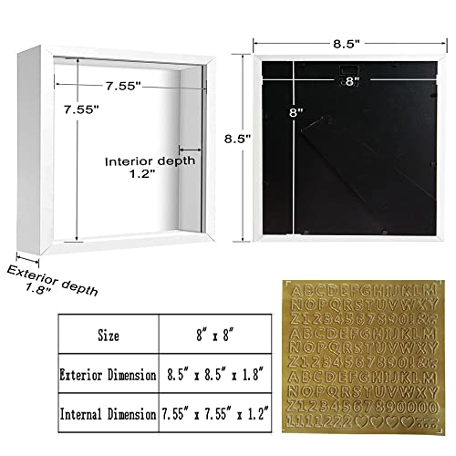 8x8 Shadow Box Frame Display Case with Letter Stickers, 3D Picture Frame, Display Case Box for Memorabilia, Baby Items, Wedding Memories, Crafts, Tickets and Photos (White, 8x8) - color: White, size: 8" x 8"