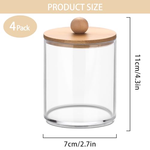 BTSKY 4 Pack PaperClip Holders with Bamboo Lid, Round Binder Holder for Desk, Clear Paper Clip Dispenser Small Office Supply Accessory Organizer Qtip Holder for Office Bathroom Vanity, Clear