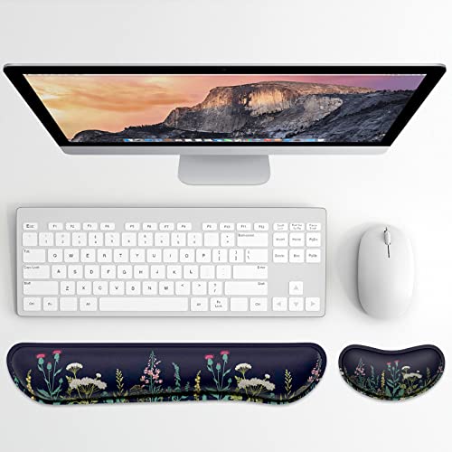 Dapesuom Enlarge Keyboard Wrist Rest, Memory Foam Wrist Cushion for Desk Mat Support, Cute Pain Relief Keyboard Mouse Pad Rests Set with Non-Slip Base for Gaming Laptop Office Computer, Elegant Flower - color: Elegant Flower