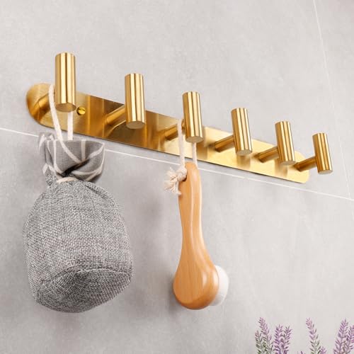 Coat Hook Rack, Wall Mounted Coat Rack with 6 Hooks, Heavy Duty Towel Hooks Rack Wall Hooks for Hanging Clothes Jacket Purse, Stainless Steel Coat Hanger for Bathroom Entryway Mudroom(Gold) - color: Gold, size: 6 Hook