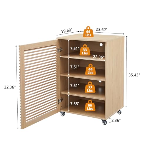 LEVNARY 5-Tier AV Media Cabinet with Grille Door & Adjustable Shelves, Modern Wooden Stereo Rack with Cable Management & Wheels, Audio Video Stand for Living Gaming Room Recording Studio (Natural) - color: Natural