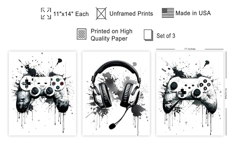 Monem Art 3-Piece Video Game Accessories Print - Gaming Poster - Geeky & Gamer Art - Modern Black & White Design - Minimal Game Room or Teen Boy's Room Decor - 11x14 UNFRAMED Wall Art - color: Style-07, size: 11"L x 14"W