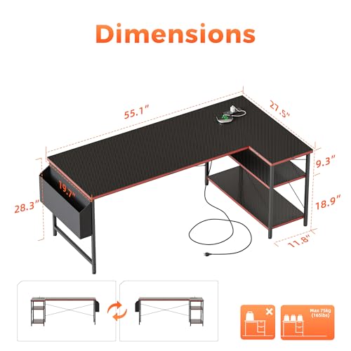 Mericonia Small L Shaped Computer Desk with Power Outlets, Reversible Gaming Desk with Storage Shelves, Corner Gamer Desk Table, Study Writing Table - color: Carbon Fiber, size: 54 inch