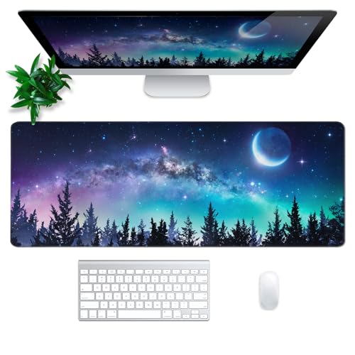 Tree Mouse Pad Abstract Starry Sky Mouse Pad 31.5x11.8 Inch Japanese Texture Non-Slip Rubber Base Large Mousepad Stitched Edges Keyboard Mouse Mat Desk Pad for Office and Home - color: Moon