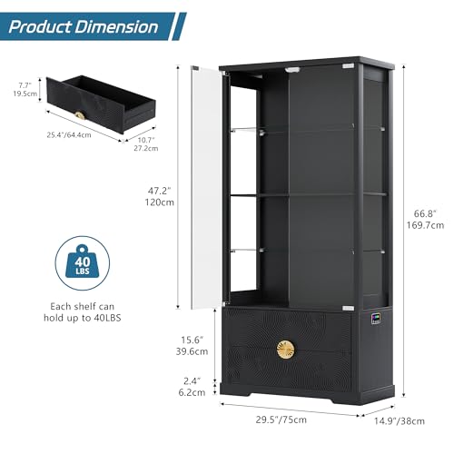 TAGELIER 4-Tier 67" Tall RGB Display Cabinet with Glass Doors and 2 Drawers | Sturdy Curio Cabinet with Adjustable Shelves, Smart Motion Sensor RGB Lights for Living Room, Display Case for Collectibles - color: 97129-black