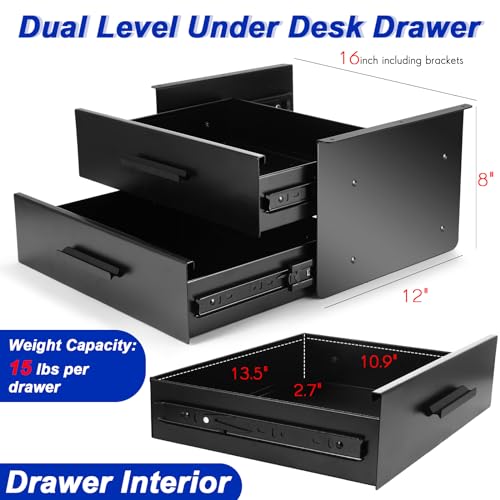 Menkxi 16'' Under Desk Drawer Slide-out Steel Under Counter Drawers Storage Organizer Large Hidden Pull-out Tray for Table Desks Home Office Workstation(Black,2 Layer) - color: Black, style: 2 Layer