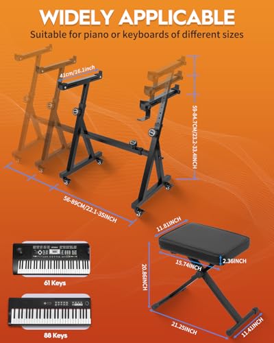 STRICH Piano Keyboard Stand & Bench Set, Z-Style Portable Heavy Duty Digital Piano Stand for 54-88 Key Electric Pianos & X-Style Adjustable Piano Bench, Chair, Black, SKT-02S & SPB-M10