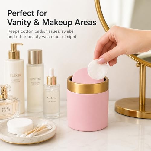 Pink Mini Countertop Trash Can with Lid – Metal Tiny Makeup Vanity Swing-Top Waste Bin, 1.5 L / 0.40 Gal - color: Pink