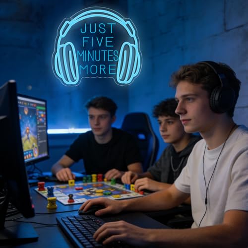 Just Five Minutes More Headphone Neon Sign, Gamer Headset LED Light for Game Room Decor, USB Powered Dimmable Gaming Neon Sign, Unique Gift for Gamers, Teen Boys, Men, Game Room Wall Decor - color: Game Just Five