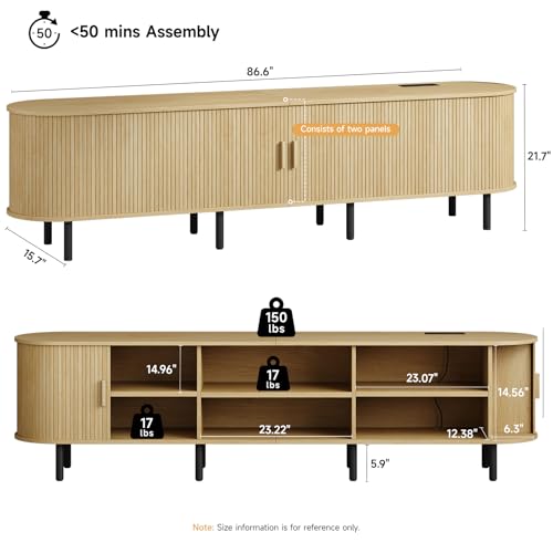 ONBRILL 86.6" TV Stand with Power Outlet for TVs up to 90 Inch, Entertainment Center with Storage and Adjustable Shelves, Modern Media Console with Sliding Doors for Living Room, Oak - color: Oak, size: 86.6 Inch