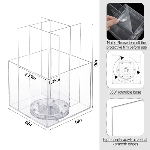 Suzile 2 Pcs Clear Acrylic Rotating Brochure Holder for 4 Pocket Spinning Pamphlet Holder 360° Sticker Display Stand Organizer for Magazine Flyer Gift Card Countertop Tabletop Office, 6x 6 x 9 Inch