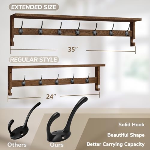 AMBIRD Coat Rack Wall Mount, 35 Inch Extra Long Wall Hooks with Hanging, Wooden Shelf with 7 Metal Hooks 2 Side Hooks, Wall Key Holder with Shelf in Entryway, Kitchen, Bathroom, Living Room, Bedroom - color: Brown, size: 7+2 Hooks 35" L