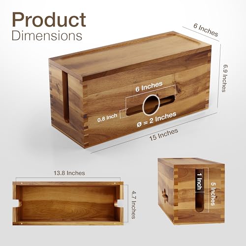 TIDITA Acacia Large Cable Management Box - 15" L Cord Box Hider Power Strip Box for Power Strip Organizer - Cable Hider Box, Surge Protector Box to Hide Cords - Wire Box Hider for Desk Organization - color: Acacia