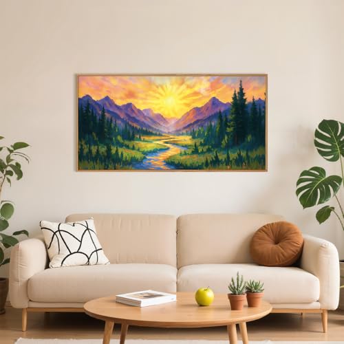 HPNIUB Boho Mountain Sunrise Framed Canvas Wall Art Set,Nature Colorful Wilderness Wall Decor,Abstract Landscape Art Print,Sunset Pine Tree River Artwork for Living Room, Bedroom,Dining Room,Office -20''x40'' - color: Pine Mountain Wall Art, size: 40"L x