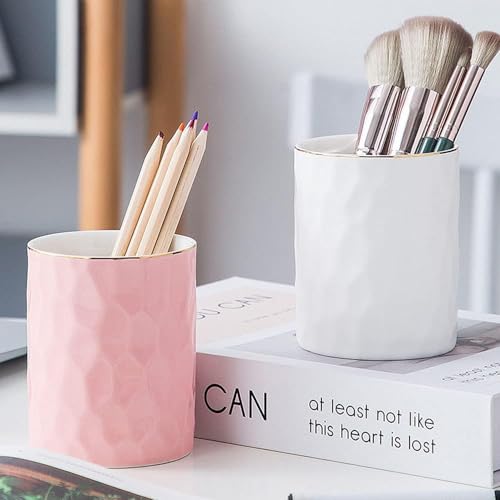 HANKOR Ceramic Pen Holder Cup Pencil Holder for Desk, Makeup Brush Holder Organizer for Office Home (Pink) - color: Pink