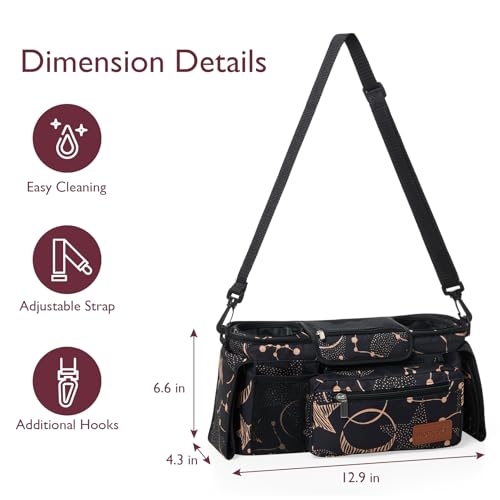 Momcozy Universal Baby Stroller Organizer, 2 Insulated Cup Holder, Detachable Zippered Pocket, Adjustable Shoulder Strap, Large capacity for baby essentials, Compact Design Fits Any Strollers - color: Starry