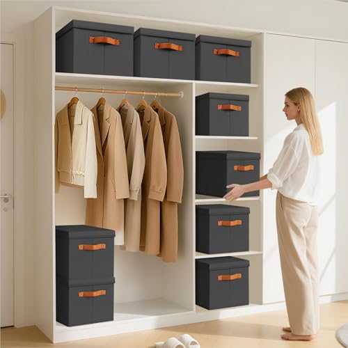 Homsorout Storage Bins with Lids - Fabric Storage Baskets for Shelves, 4 Pack Foldable Decorative Boxes with Handles, Stackable Organizer Bins for Home, Nursery, Dorm, Black - color: Black, size: L(4-Pack)
