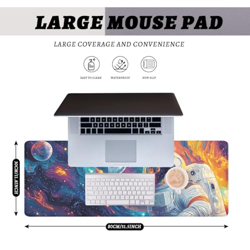 Cosmic Astronaut Gaming Mouse Pad Colorful Galaxy Art Large Gaming Mouse Mat with Stitched Edges,Non-Slip Waterproof Rubber Base Office Computer Keyboard Laptop 31.5"x11.8" - color: Cosmic Astronaut, size: 31.5L x 11.8W inches