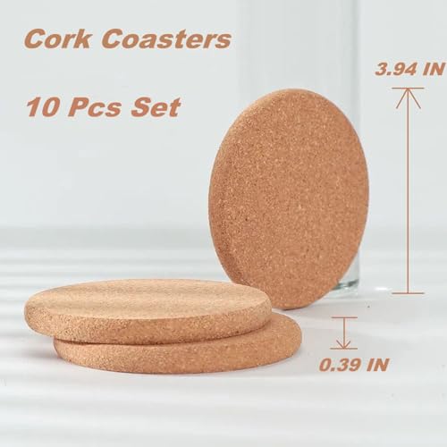 10 Pcs Cork Coasters, Cork Coasters for Drinks, Extra Thick Cork Coaster Set for Cups Mugs Wine Glasses, Non-Slip Coasters for Tabletop Protection - size: 0.39 inches thickness