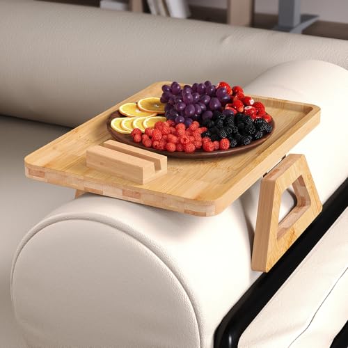 Couch Arm Tray with 360°Phone,Bamboo Folding Sofa Tray,Sofa Armrest Trays Clip-On Couch Desk for Drinks,Snacks,Phone,Remote Control(Natural) - color: Natural, style: 13.0" x 9.4"Phone Holder