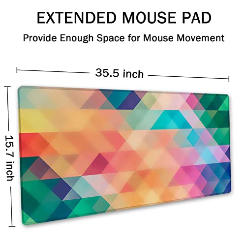 SSOIU Colorful Triangles Print Extended Gaming Mouse Pad (35.5x15.7 in), Large Non-Slip Rubber Base Mousepad with Stitched Edges, Waterproof Keyboard Mouse Mat Desk Pad for Work, Game, Office, Home - color: Colorful Triangles Print