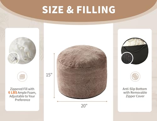 WSOFRLAC Round Pouf Ottoman for Living Room, 20"x15" Bean Bag Ottoman Soft Top Comfortable Small Foot Stool Foot Rest Pouf Brown, Tall Footstool Round Hassock Boho Furniture Floor Poufs for Sitting - color: Brown, size: 20"D x 20"W x 15"H