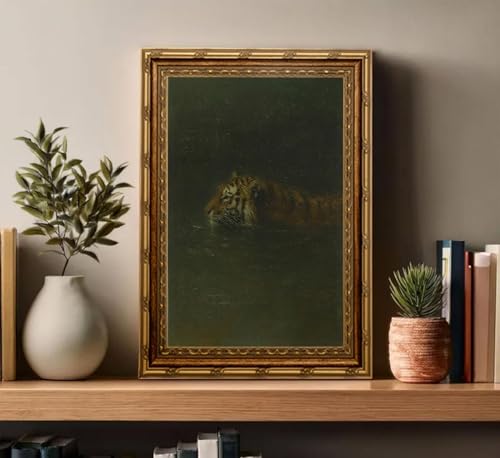Electrilucn Tiger Wall Art, Vintage Gold Frame Wall Decor, Tiger in Water Poster, Dark Green Background Artwork, Wildlife Print Picture, Retro Home Decor for Living Room Bathroom Animal Lovers 9x11in - color: Tiger, size: 11"L x 9"W