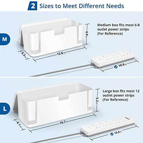 ZhiYo Cable Management Box, Power Strip Organizer, 2 Pack (M & XL), White | Fits Power Strips Up to 13.4", Hidden Rear Cable Routing, Durable ABS Construction, Ideal for Desks, TV Areas & Floor Corners - color: White, size: Extra Large + Medium