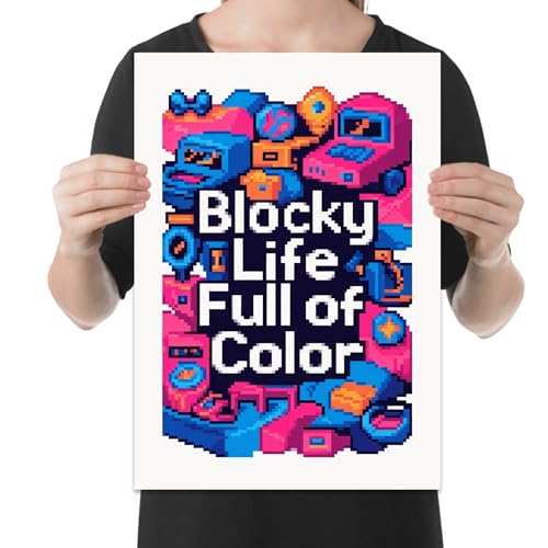 Retro Gaming Art Poster Print - Blocky Life Full of Color - 13x19 - Vibrant Pixel Decor
