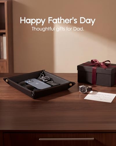 VLANDO Valet Tray Organizer, PU Leather Catchall Tray for Men | Classic valet tray for men with space for keys, wallet, watch, phone, coins and EDC accessories on desk or dresser - color: A-Black, size: 11'' x 11'' x 0.2''