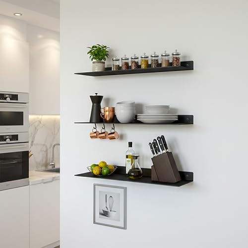 SIMOND STORE Linear Floating Shelf (24" X 8" X 2.5") Steel Industrial Heavy | Black (24" X 8" X 2.5") Floating Shelf for Heavy Duty Wall Mounted TV Console Shelf use with decor, router, cable box storage - size: 24-inch X 8-inch Powder Coated Black