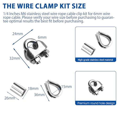 30PCS 1/4 Inches M6 Stainless Steel Wire Rope Cable Clip Clamp & M6 Thimble & M6 Aluminum Crimping Loop Sleeve (3 Styles 10PCS Each), Cable Clamp Fasteners for 1/8"-1/4" Wire Cable for Outdoors - size: 30pcs-M6(4mm-5mm)