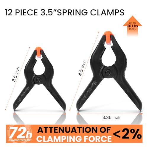 ECY Spring Clamps Heavy Duty 3.5 Inch 12 Pack - Plastic Rust Proof Clamps with Non-Slip Pads for Backdrop, Crafts, Woodworking, Photography | Multipurpose Holders for Tarps, Pool Covers & Gluing - size: 12 Pack,3.5inch
