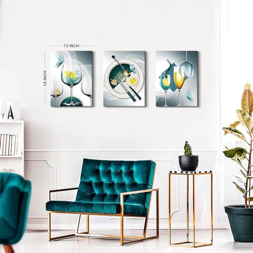 Teal Grey Modern Wall Art Dining Room Wine Glass Pictures for Kitchen Bar Wall Decor Abstract Turquoise Geometric Goblet Cups Poster Kitchenware Canvas Paintings Artwork Home Decorations 12x16” 3 Pcs - color: Teal Wine Glass, size: 12"l X 16"w