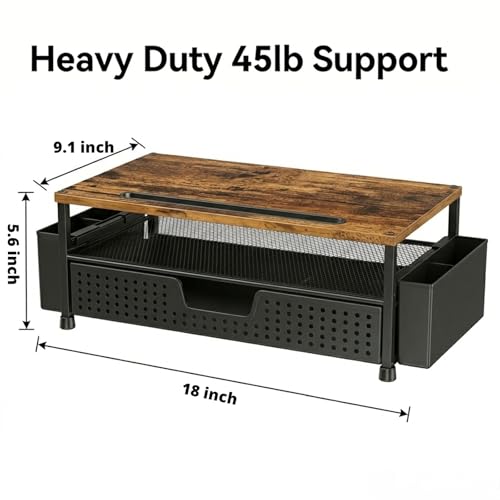 Desk Organizer and Accessories, 2-Tier Computer Monitor Stand Rise with Phone Holder, Drawer & 2 Pen Holders, Laptop & Printer Stand for Desktop, Workspace Organizers for Office Supplies (Brown Wood) - color: Brown Wood