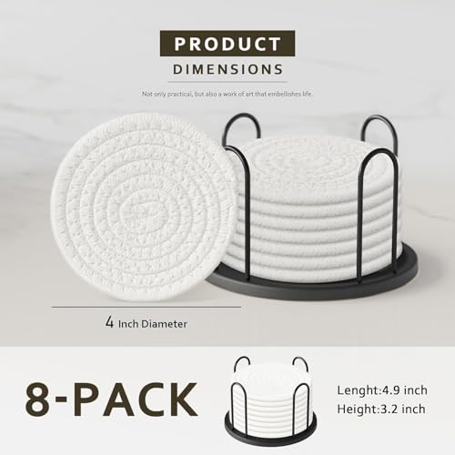 Lazebox Coasters Set of 8 for Drinks, 4 Inch Large Coasters for Coffee Table, Tabletop Protection for Hot & Cold Drinks, Versatile Coasters for Home Decor, Non-Slip & Easy to Clean, White - color: White