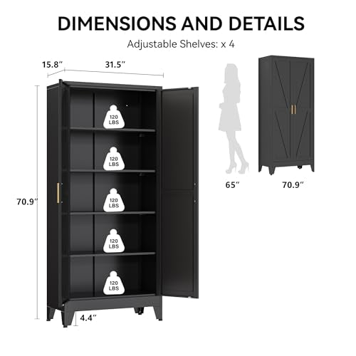 COFaR 71" Modern Pantry Cabinet in Black, 5-Tier Storage Cabinet with Adjustable Shelves, Industrial Steel Cupboard for Kitchen, Office & Living Room Organization - color: Black, size: 71"H 5 Tiers