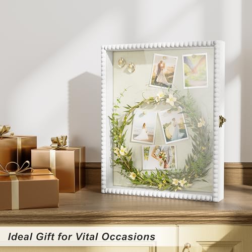 Love-KANKEI Shadow Box Frame 13x16, Deep Large Shadow Box Display Case with Unique Beads Door and Glass Window, Wood Memory Box for Pictures,Medals,Memorabilia,Collections White - color: White, size: 13x16