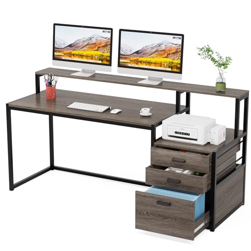 Tribesigns 63 Inch Computer Desk with File Drawer Cabinet, Ergonomic Office Desk with Monitor Stand, Industrial Computer Table with Printer Space, Wood PC Table Workstation Desk for Home Office - color: Grey