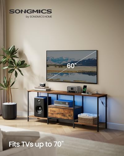 SONGMICS BELLAH Collection - TV Stand for TVs Up to 70 Inches, Media Console Table and Entertainment Center Unit for Living Room, with Shelves and Drawer, Steel, Industrial, Rustic Brown ULGS131K101S - color: Rustic Brown, size: 13.8"D x 61.8"W x 23.6"H