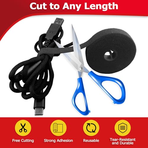 Hook and Loop Tape Roll, 1/2 in 82 FT Reusable Cable Ties, Cut to Length, Double Sided, Self-Gripping Straps, Cord Ties for Office, Home Cable Management (Black) - color: Black, size: 82ft