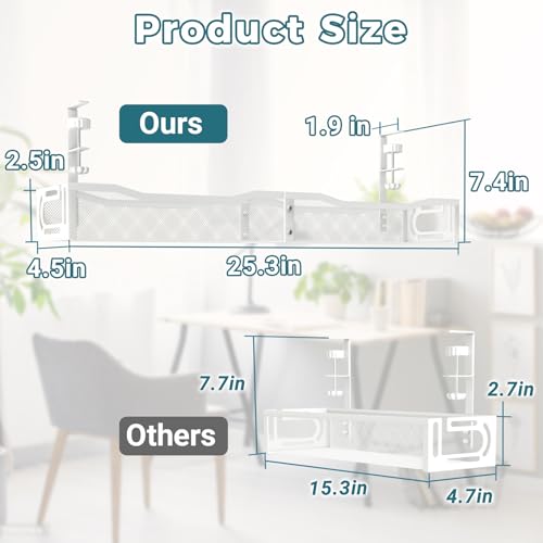 Cable Management Under Desk, 25.3'' No Drill Desk Cable Management Tray with Clamp, Metal Cord Organizer for Standing Desk, Computer Wire Management for Home Office & Gaming Setup, White - color: White