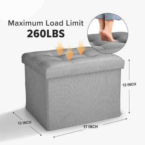 LINMAGCO Small Storage Ottoman Stool Foot Rest Stool Under Desk Stool Short Folding Ottoman Linen Cloth Light Gray 17X13X13IN - color: Gray(linen), size: 13"D x 17"W x 13"H