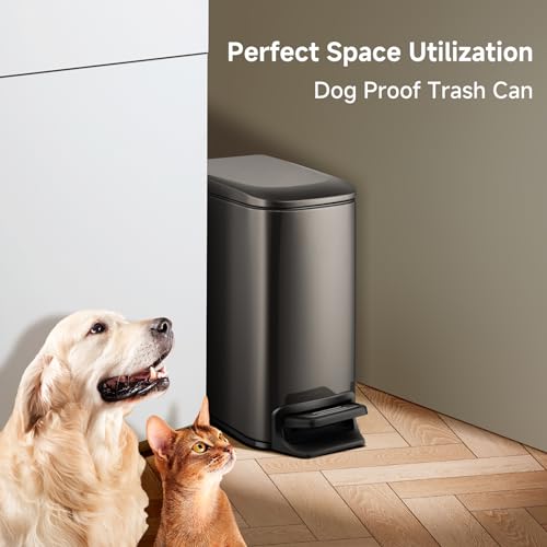 TIPGO Slim Bathroom Trash Can with Lid Soft Close, 6 Liter / 1.6 Gallon Stainless Steel Garbage Can with Removable Inner Bucket, Step Pedal, Small Trash Cans for Bedroom, Office, Kitchen (Black Gold) - color: Black Gold