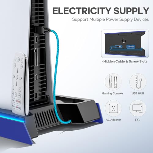 Rysker PS-5/Slim/Pro Cooling Station with 3-Level Cooling Fan, Fast Controller Charger for Disc & Digital, PS-5 Accessories Incl. 3 USB Ports, Screw and Headset (Royal Blue) - color: Royal Blue